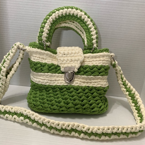 Handmade Handbags - Handmade Crochet Bag Green and White Handwoven Crossbody with stripes